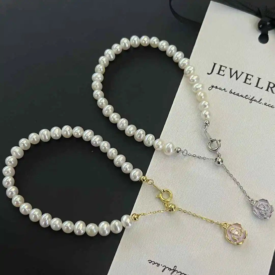 Bestseller Girls' Camellia Tassel Adjustable Chain Bracelet 5-6mm Flawless Natural Freshwater Potato Pearl Bracelets