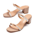 Round Toe Slip on Summer Women Fashion Block Heels Shoes Ladies Rhinestone Mid Chunky Heel  Sandals