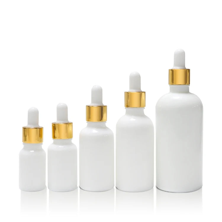 Luxury Empty 10ml 15ml 30ml 50ml 100ml Opal White Essential Oil Glass Bottle Serum Cosmetic Bottles with Gold Dropper Caps