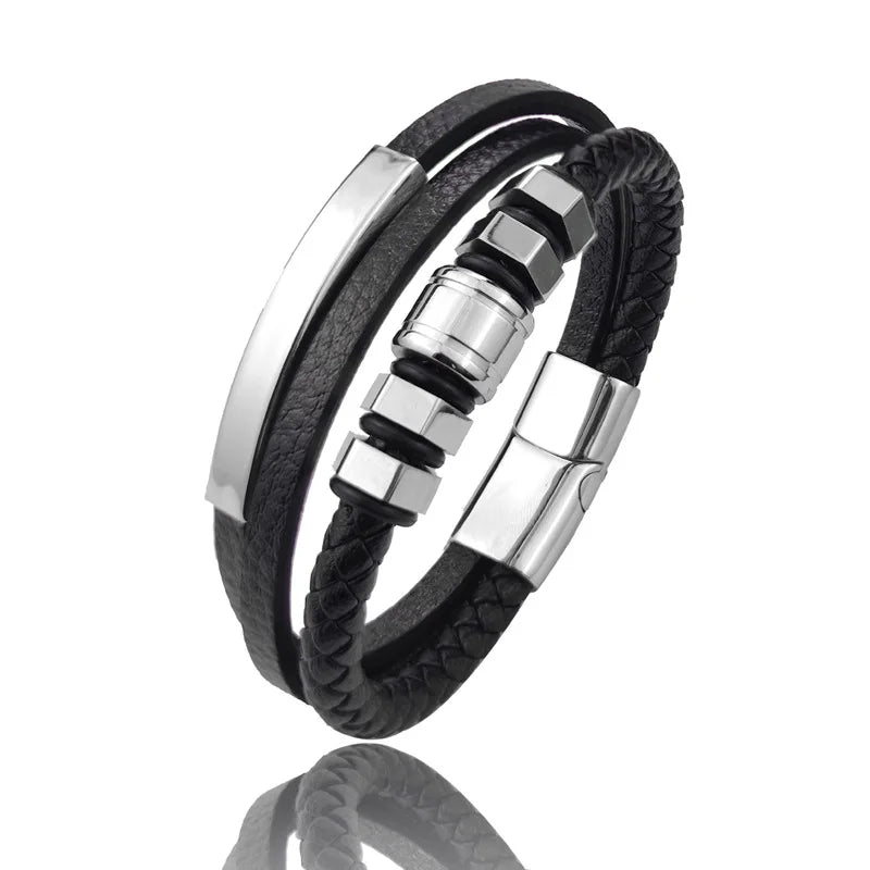 Mens Jewelry Custom Logo Leather Multilayer Bracelet Vintage Stainless Steel Leather Rope Braid 3 Layers Bracelet for Son's Gift