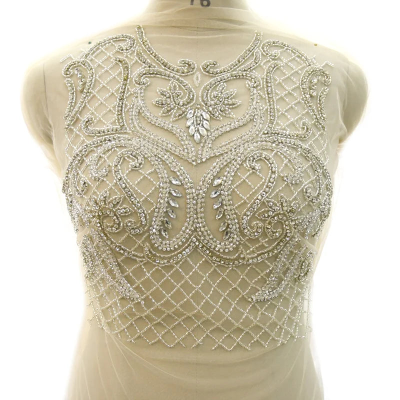 WDP-337 Keering Rhinestone Applique Beads 3D Handmade Lace Fabric Bodice Appliques Patch for Wedding Dress Mesh