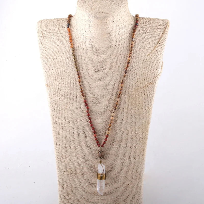 Mini Hematite Gemstone Crystal Mixed Handmade Wire Wrap White Natural Stone Necklace Bullet Hexagonal Column Pendant Necklace