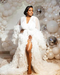 Women's Long Tulle Bridal Robe Puffy Sleepwear Maternity Gown with Sheer Skirt for Baby Shower Summer Nightwear
