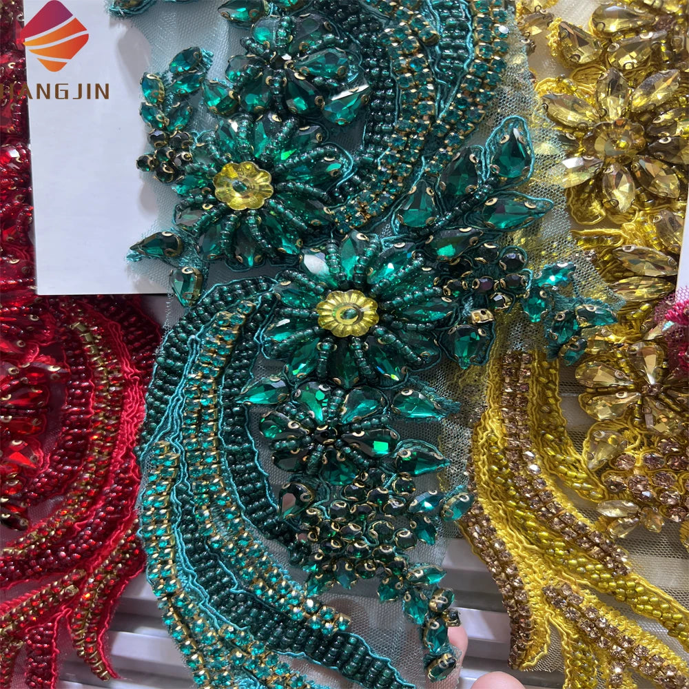 Delicate Dark Green Rhinestone Beaded Lace Applique Pair Sparkling Hand Crafted Crystal Bodice Patch for Couture Dance Costume MegaBDM
