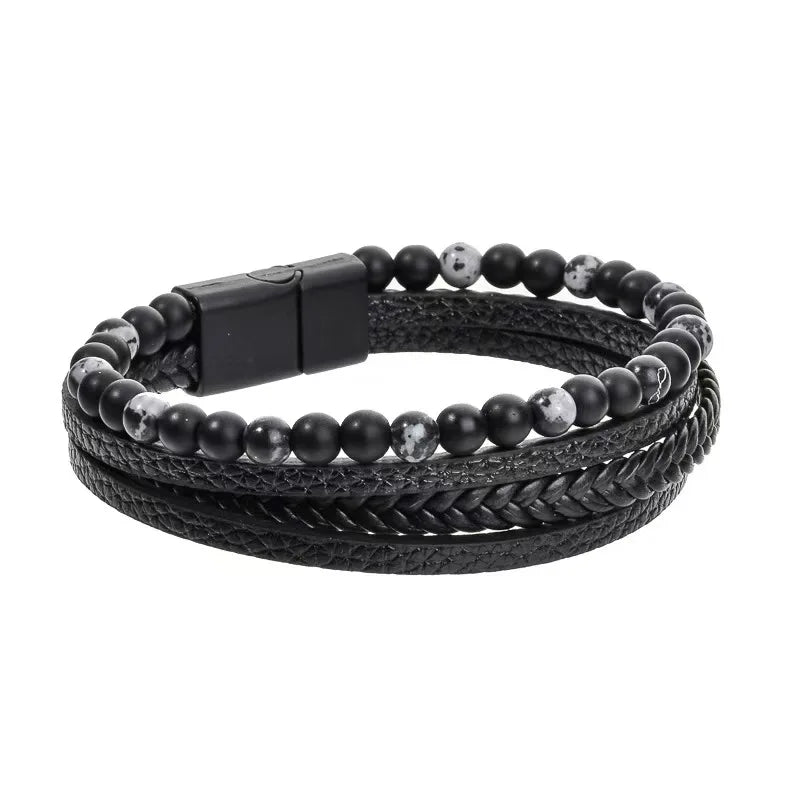 Luxury Men's Multilayer Natural Stone Beaded Woven Leather Wrap Bracelet with Magnetic Clasp Trendy Style for Gift Purpose