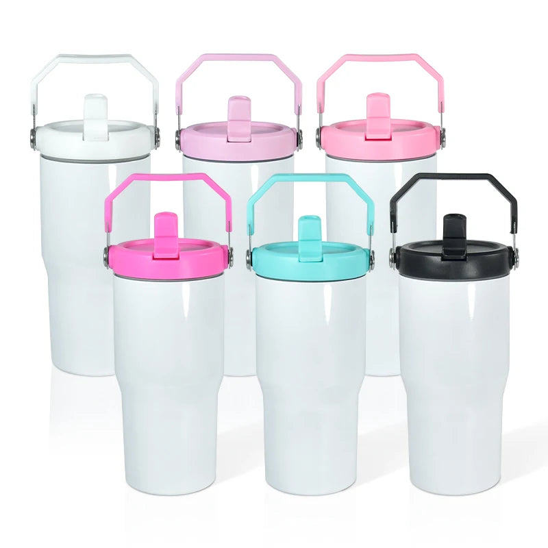 China Warehouse in Stock Sublimation Handle Tumbler 20 oz Flip Straw Handle Lid Kids Sports Water Bottle 20oz Ounce Tumbler Cups