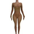 Gold See Through Long Sleeves Crystal Show Dancer Leotard Night Club Bodycon Bodysuits Women Banquet Party Rhinestone Jumpsuits