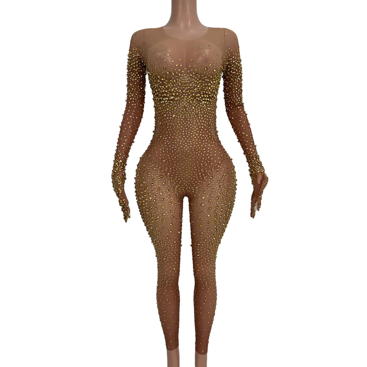 Gold See Through Long Sleeves Crystal Show Dancer Leotard Night Club Bodycon Bodysuits Women Banquet Party Rhinestone Jumpsuits