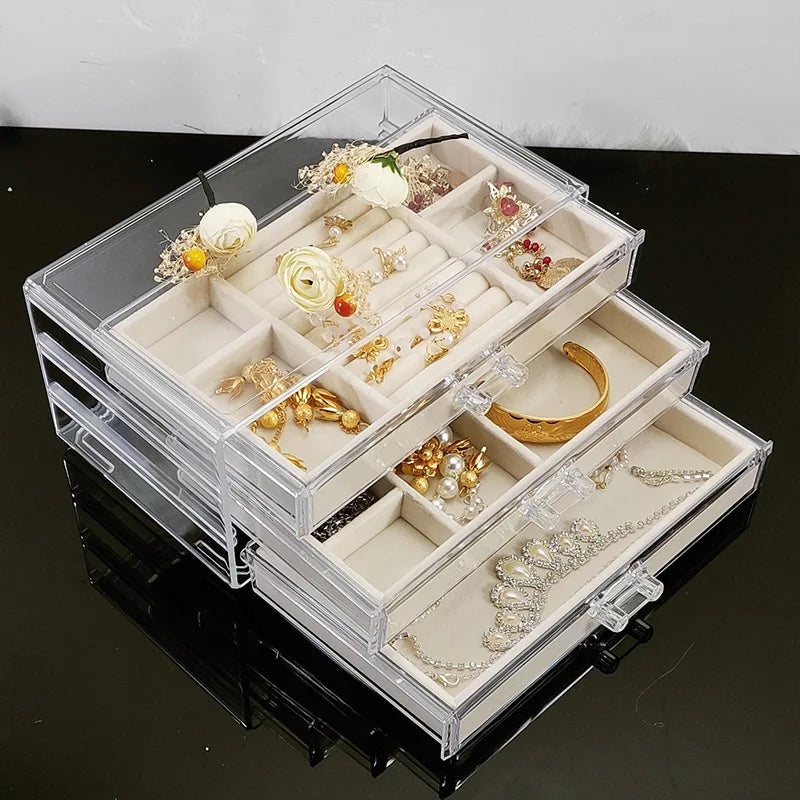 Acrylic 3-Drawer Jewelry Organizer Boxes Clear Velvet Display Cases for Women's Earrings & Rings for Storage