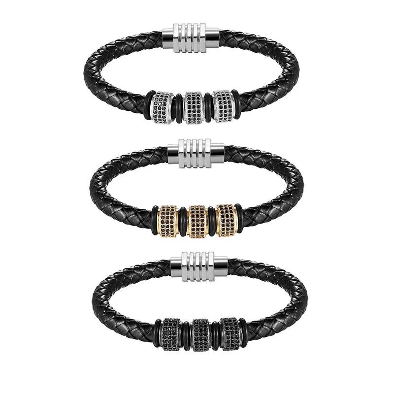 High Quality 6mmGenuine Leather Bracelet 316L Stainless Steel Magnet Clasp Cubic Zirconia Charm Wrap Bracelet for Men