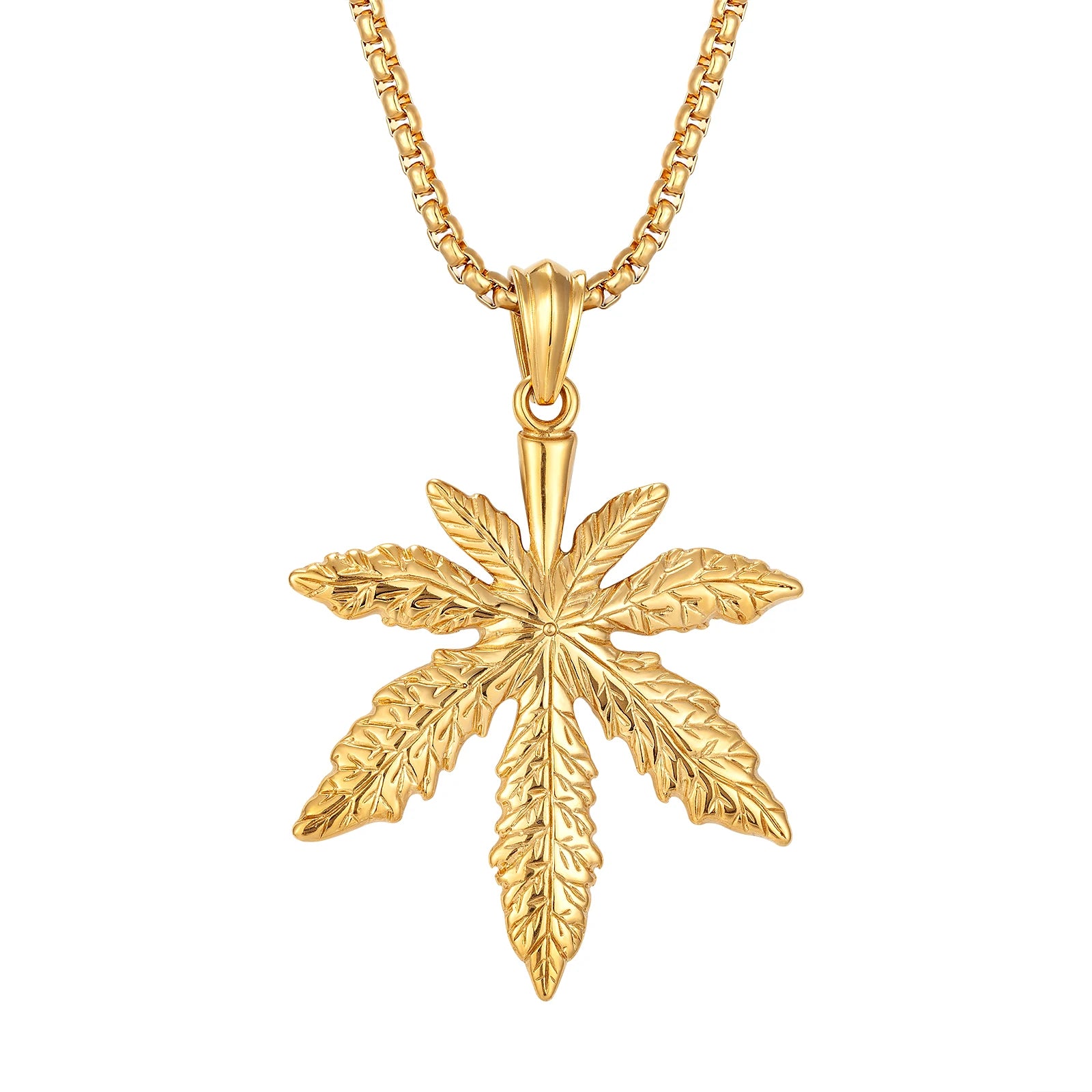 No-Nickle Man Jewelry Gold Plated Stainless Steel Maple Leaf Pendant Wheat Chain Necklace for Man