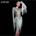 Sparkly Silver Stones White Tassel Strech Dress Women's Birthday Prom Celebrate Outfit Bar Evening Women Dancer Fringes Dress