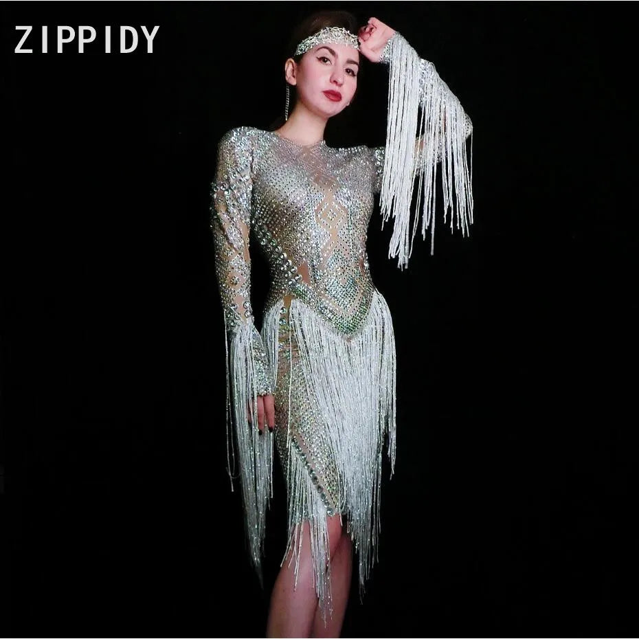 Sparkly Silver Stones White Tassel Strech Dress Women's Birthday Prom Celebrate Outfit Bar Evening Women Dancer Fringes Dress