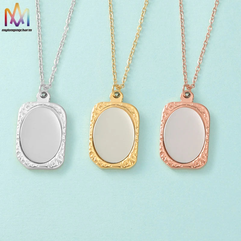 Blank Engravable Custom Logo Magic Mirror Necklace 18K Gold Plated Photo Frame Necklace for Women Men