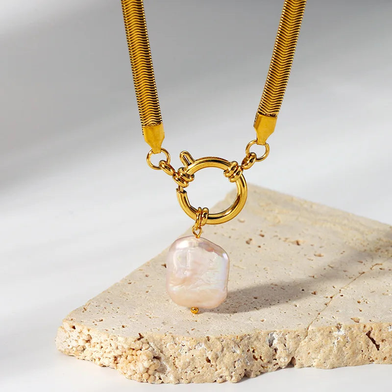 18K Gold Plated Jewelry Stainless Steel Snake Chain Hoop Buckle Pearl Pendant Necklace for Women