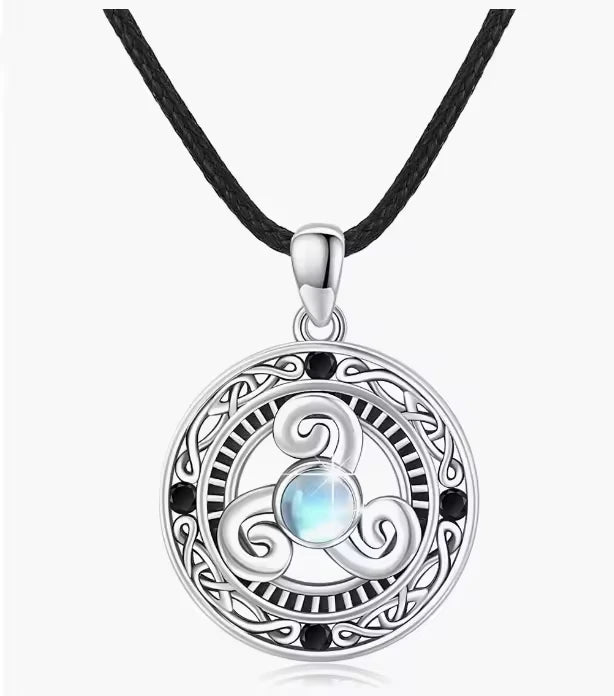 Leather Chain 925 Sterling Silver Moonstone Celtic Knot Circle Pendant Necklace
