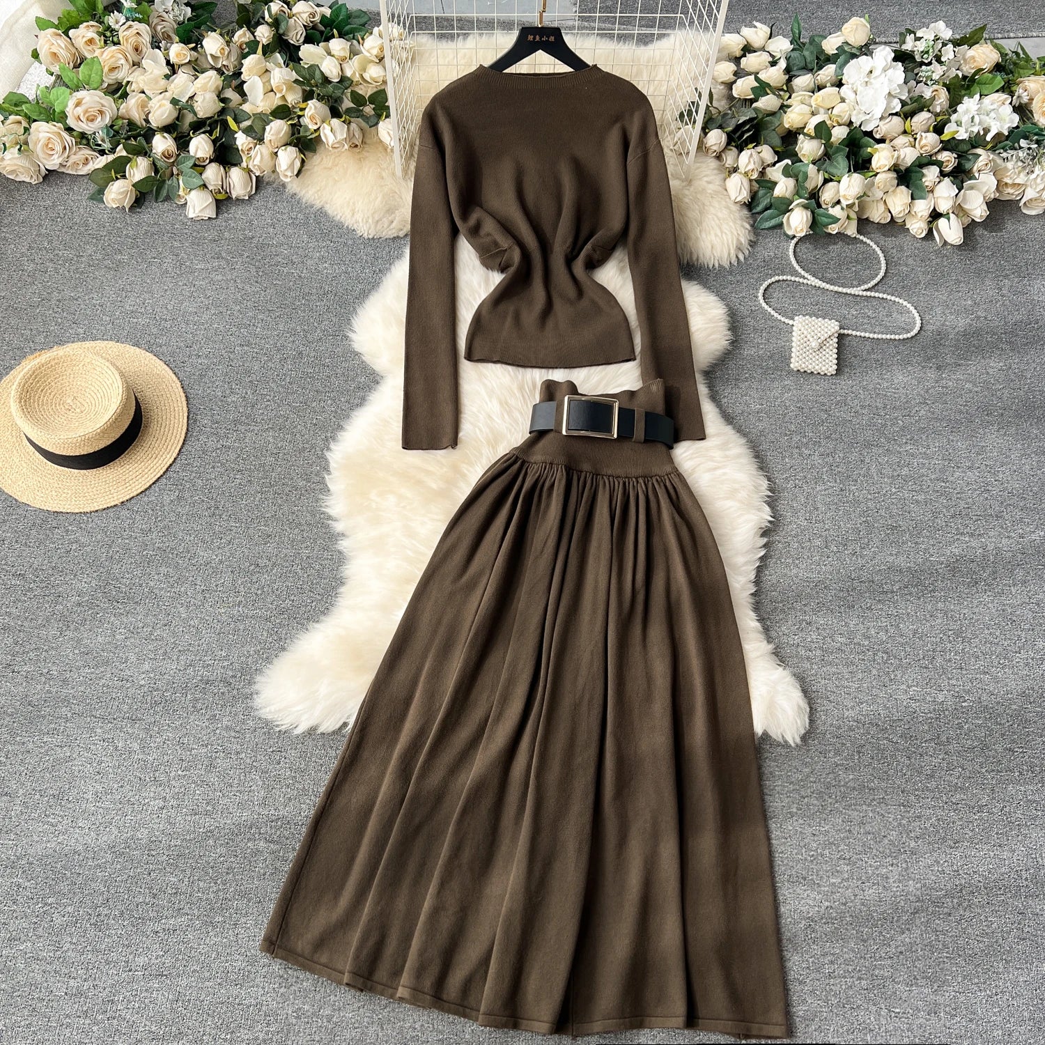High Quality Autumn Casual 2 Piece Set for Women Top and High Waist Slim Knitted Skirts Set Ropa Wholesale