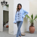 Fashion Women Faux Fox Fur Coat Ladies Jacket Fur Sweater Puff Sleeve Knitted Cardigan
