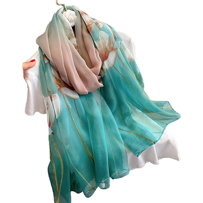 Elegant Women Floral Foulard Soie Femme Silk Shawls Long Large 135*190cm Soft Polyester Yarn Flower Printed Shawls for Summer