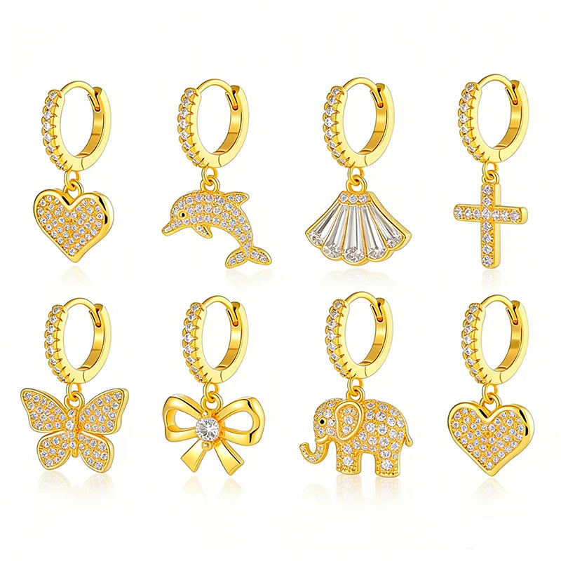 HENGSEN Wholesale Gold Plated Jewelry Animal Butterfly Heart CZ Dangle Hoop Clicker Earring Cartilage Ear Piercing Jewelry Pack