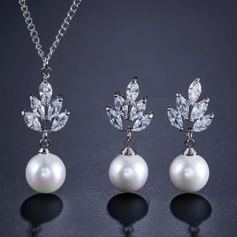 Fashion Fine Jewelry Pearl and Crystal Zircon Earring and Necklace Bridal Wedding Jewelry Set