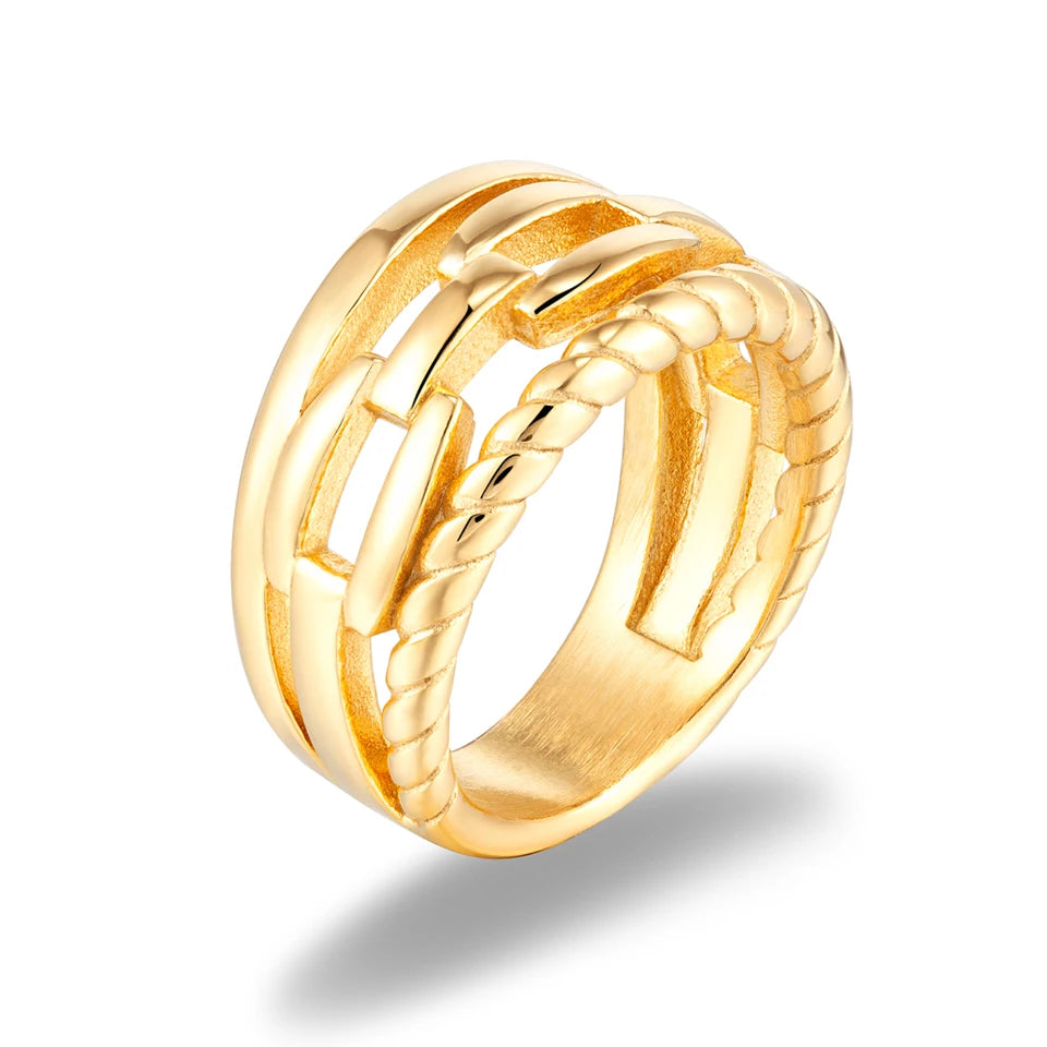 Vintage Ins Jewelry High Quality 18k Gold Plated Stainless Steel Ring Double Chain Jewelry Open Wheel Ring