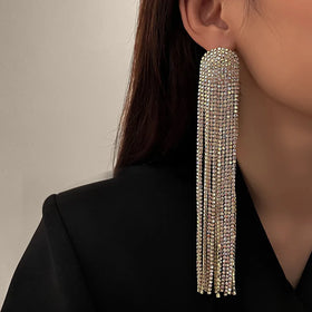 Personality Multi Rows Crystal Fringe Earrings Exaggerated Bling Rhinestone Tassel Statement Earrings for Party