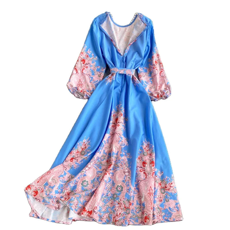 New Spring Autumn Women Vintage Print Dress Lantern Sleeve Sashes Tied up Zipper Back O Neck High Waist Elegant Dress Big Swing