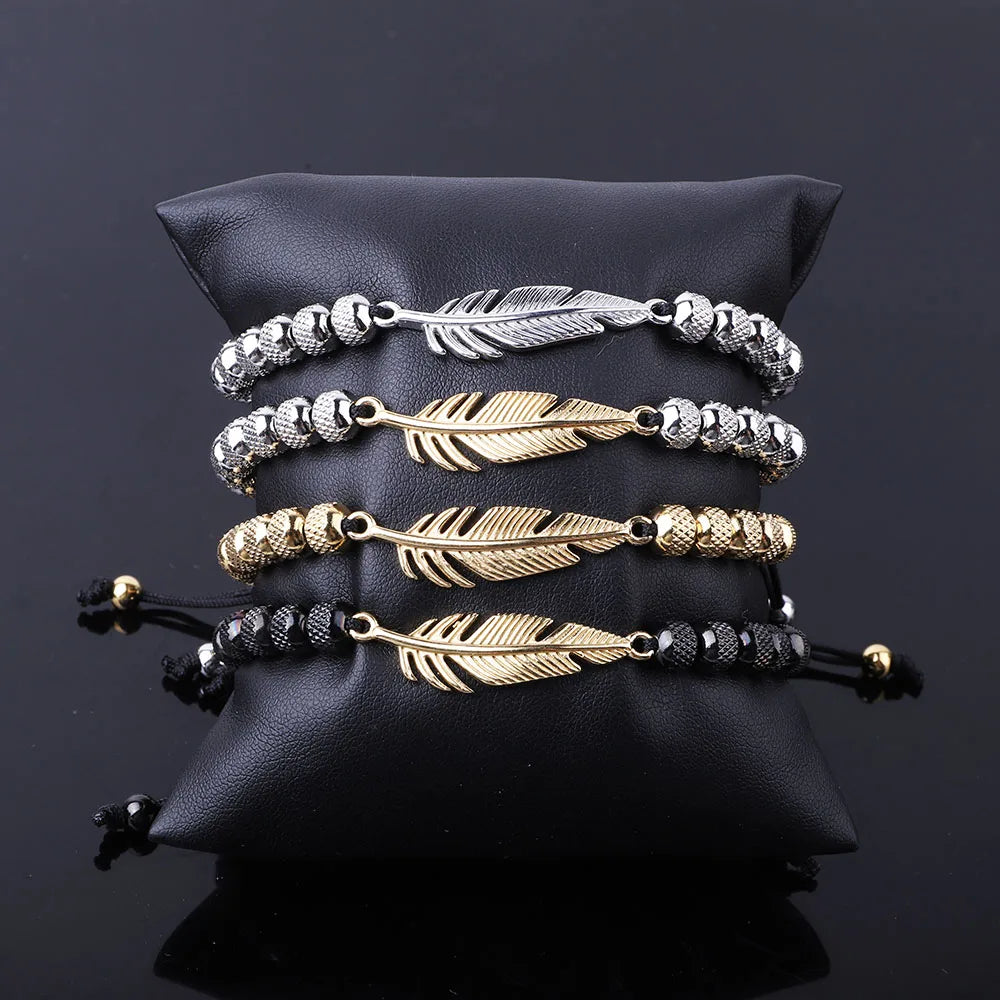New Design Custom Stainless Steel Beads Leaf Shape Charm Macrame Bracelet WIth Logo JBS12438