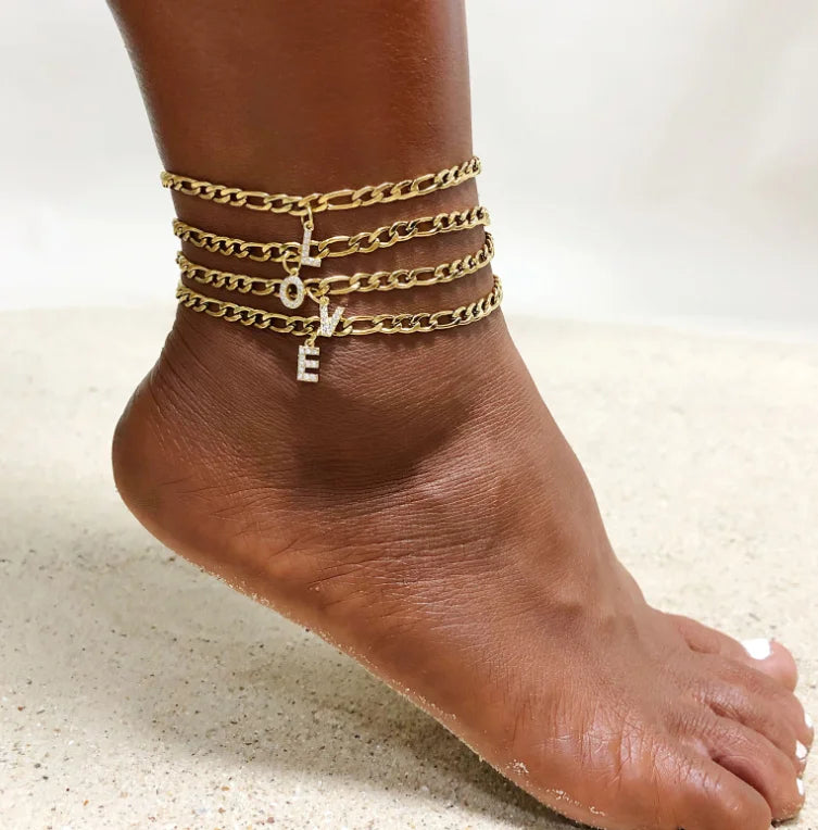 New Brand Ins Simple Stainless Steel Figaro Chain Ankle Bracelet Cubic Zirconia Rhinestone Crystal Initial Letter Anklet
