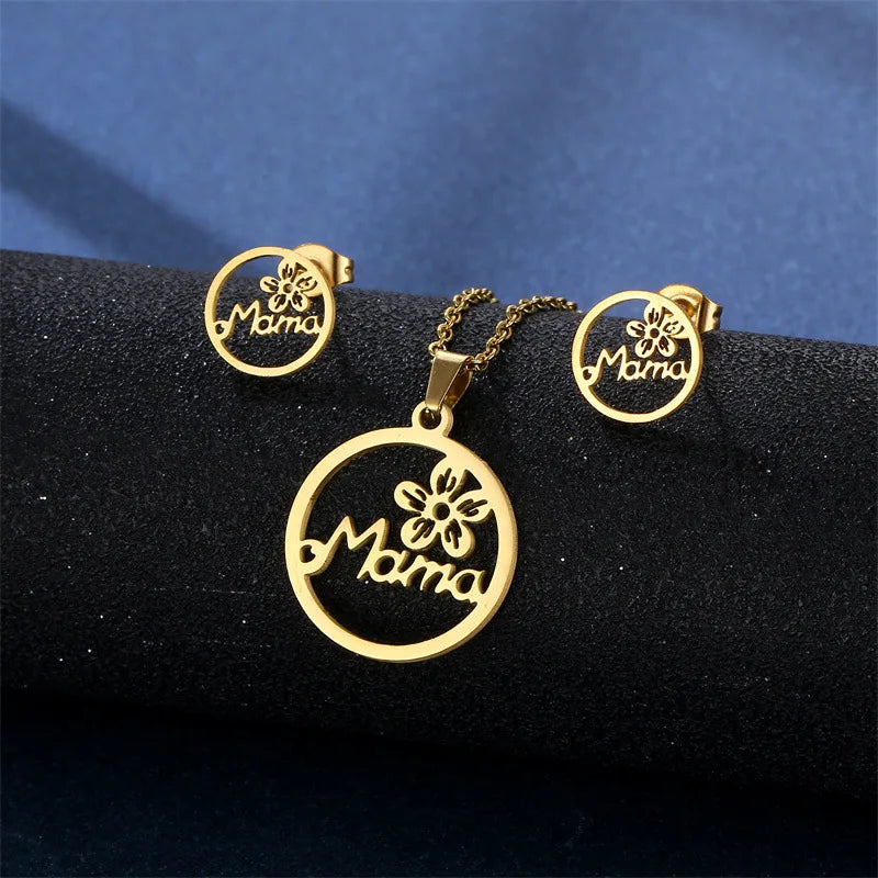 New Cheap Flower MAMA Stainless Steel Necklace Earnail Set Female Pendant Mother Gift Wholesale