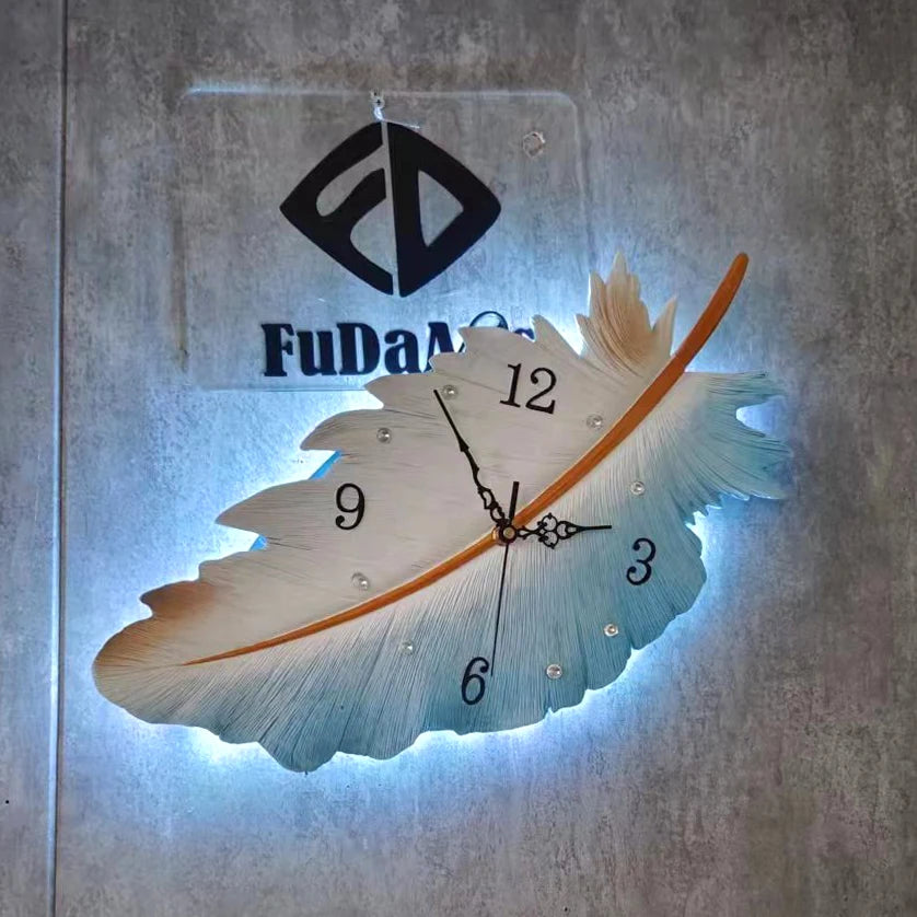 24X50cm With Light Feather Shape Wall Clock for Home House Decor Dropshipping Products 2024 Modern Luxury Resin Wall Decoration