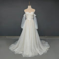 Real Photos Classic Boho Sweetheart A-Line Strapless Long Sleeves Backless Beach Sweep Train Lace Wedding Dress Bridal Gown