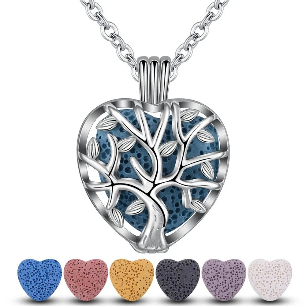 Tree of Life Lava Stone Essential Oil Diffuser Heart Shape Locket Pendant Necklace