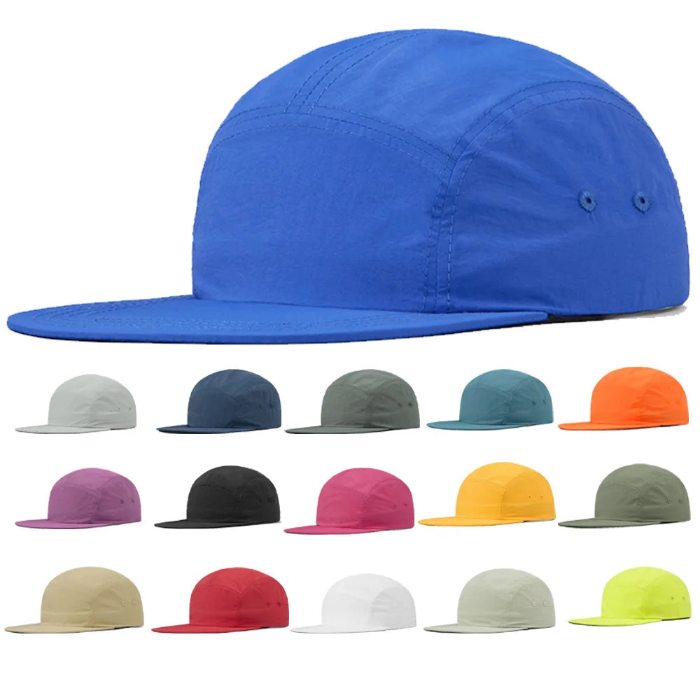 High Quality Polyester Nylon Flat Bill Running Quick Dry 5 Panel Sports Dad Hats Custom Embroidery Logo Camping Baseball Caps