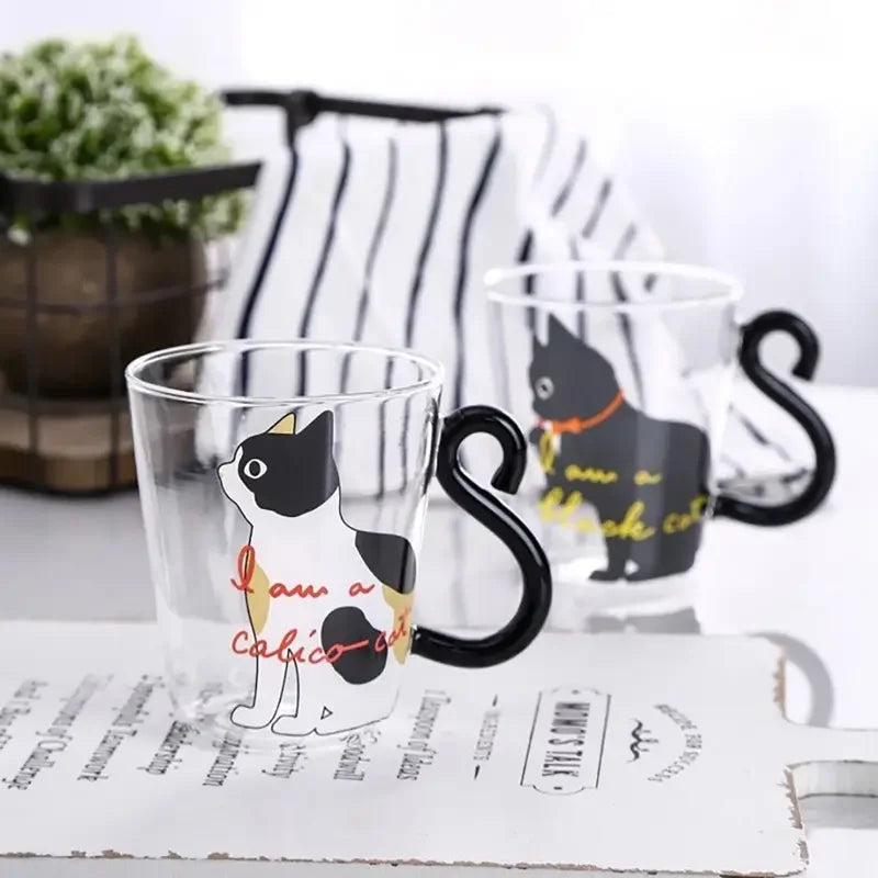Ins Style Cute Cat Heat-resistant Glass Breakfast Milk Coffee Cup Tea Cup with Cat Tail Handle