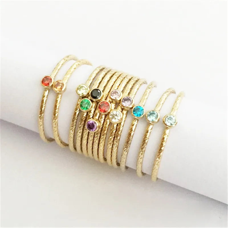 14K Gold Filled Zircon Rings Minimalist Jewelry Thin CZ Diamond Birthstone Band Rings Sparkle Stack Ring for Women