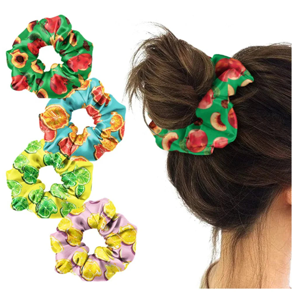 100pcs Avocado Lemon Peach Printed Scrunchies Strawberry Watermelon Pear Summer Fruit Hair Scrunchies Girl Elastic Hair Band Bun