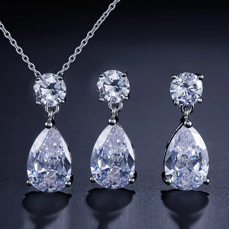 Two Piece Set Fashion Simple Design Fine Jewelry for Wedding Women Bridal Jewelry with AAA Zircon Drop Necklace Earrings