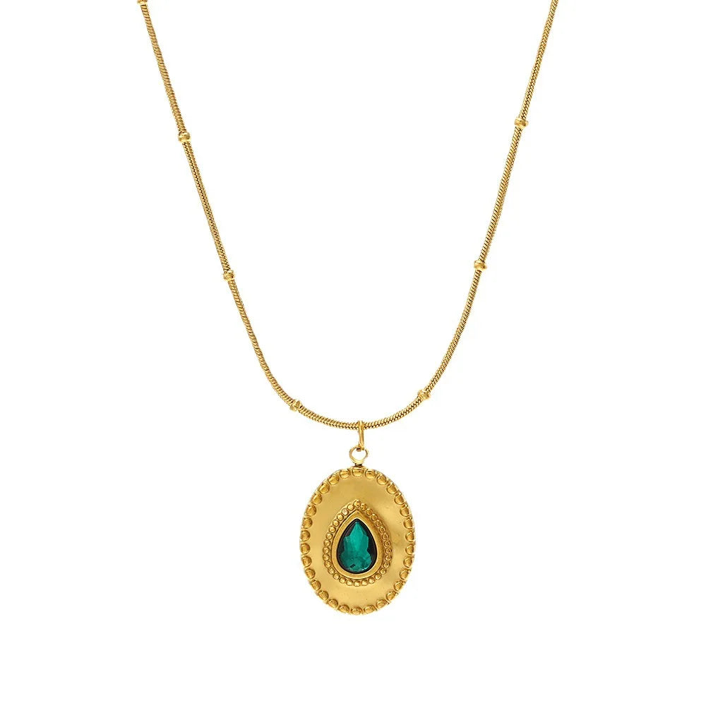 Vintage Grain Stainless Steel Trendy Round & Oval Pendant Choker Necklace with Solid Bead Turquoise Inlay for Women