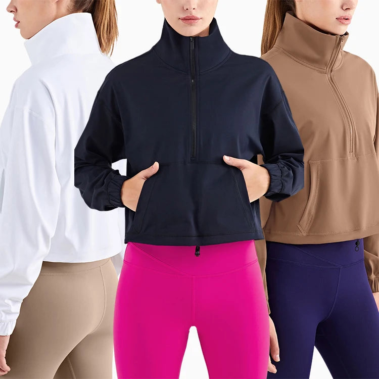 Thick High Collar Half Zipper Crop Outwear Big Kangaroo Pocket Gym Pullover Warm Autumn Winter Women Active Wear Coat