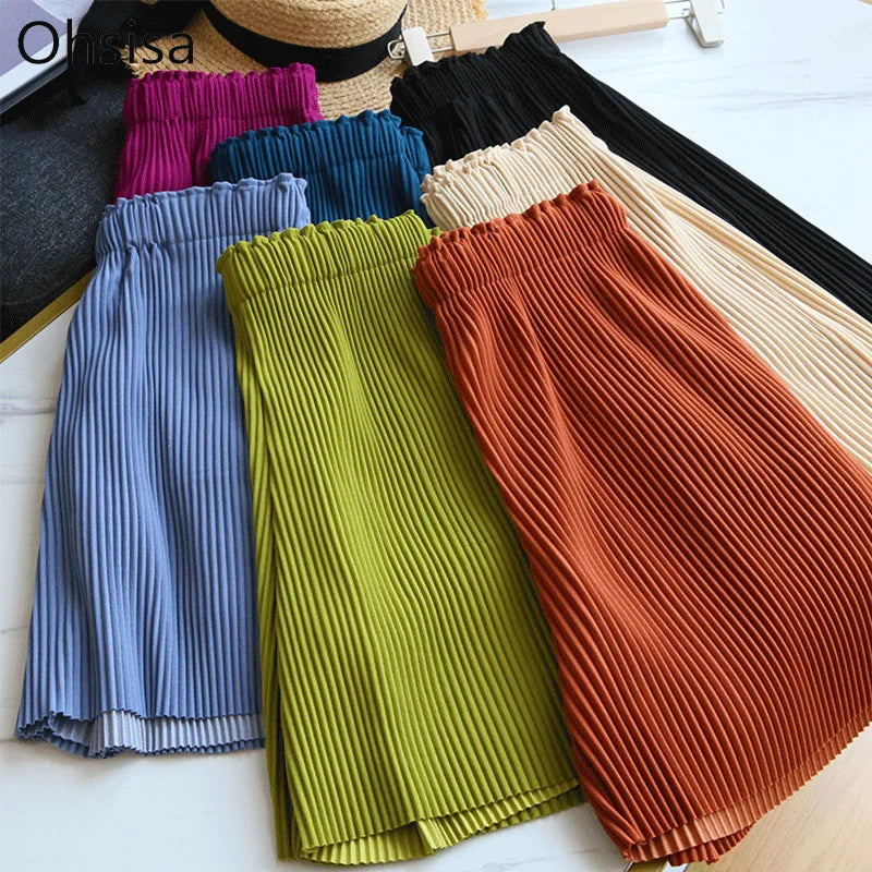 New Fashion Women Girls Pleated  Shorts Summer Solid Color High Waist Black Loose Wide-leg Slim Outdoor Casual Pants