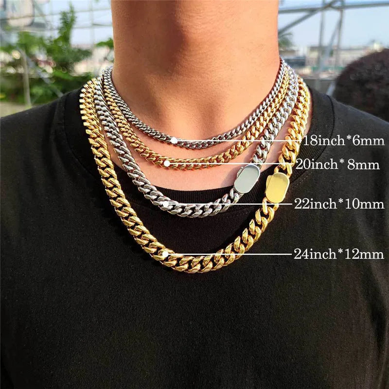 Wholesale Men Tarnish Free PVD Gold Plated Miami Chain Multiple Sizes Fashion Stainless Steel Cuban Link Chain Jewelry Necklace