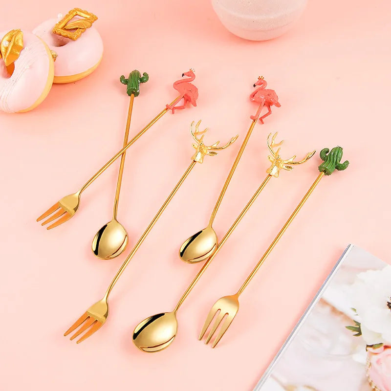 Christmas Stainless Steel Coffee Spoon Fork Metal Dessert Spoon and Fork Set Elk Christmas Gift Box