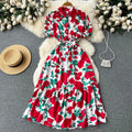 French Style High-Grade Floral Dress Women's Summer Retro Style Lapel Puff Sleeve Fairy Tea Break A- Line Premium Casual Dress