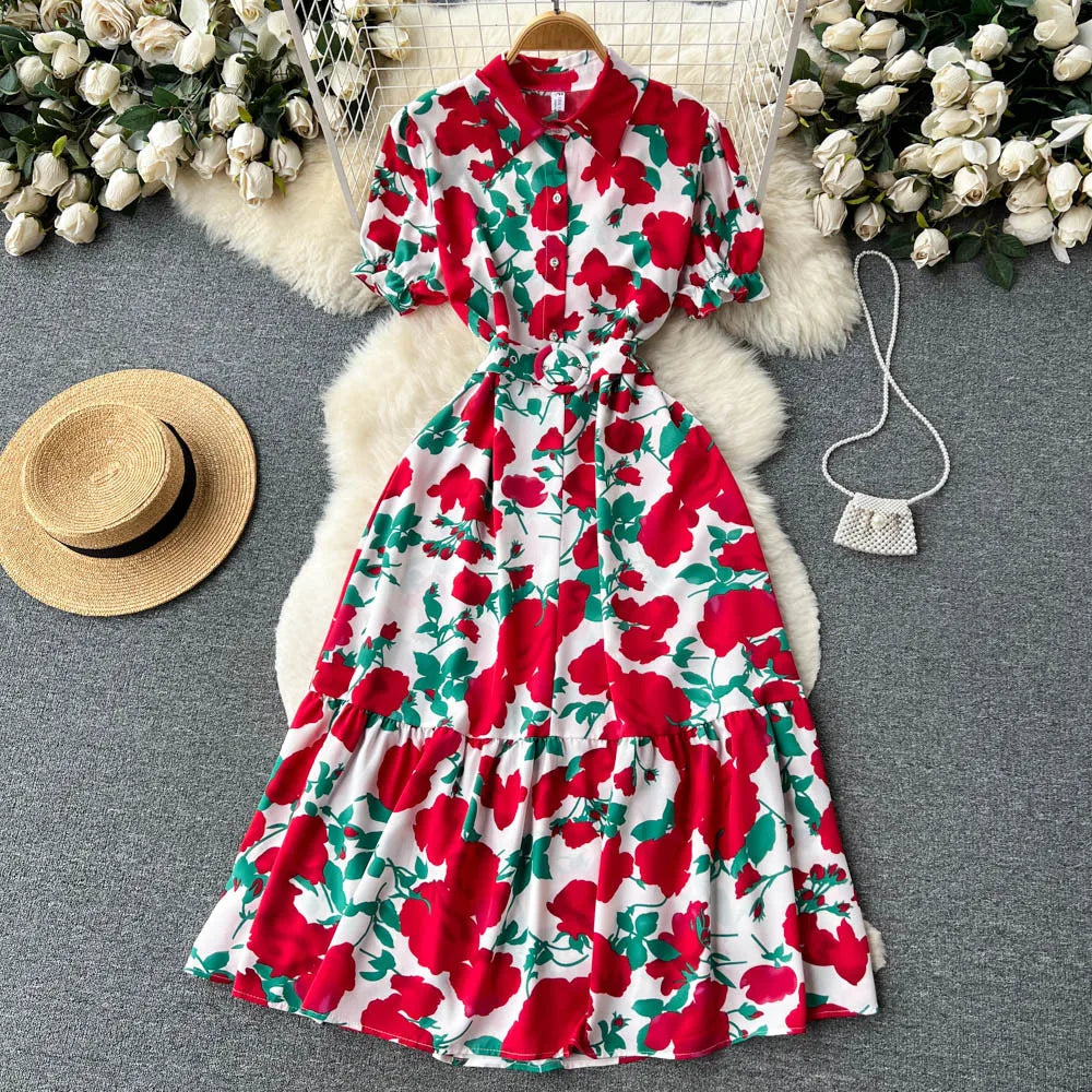 French Style High-Grade Floral Dress Women's Summer Retro Style Lapel Puff Sleeve Fairy Tea Break A- Line Premium Casual Dress
