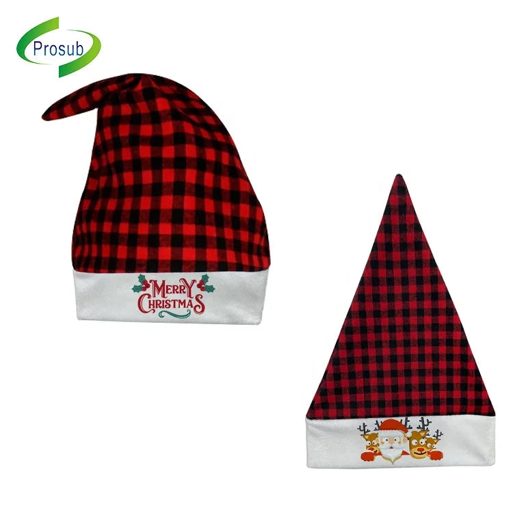 Prosub Xmas Sublimation Blank Hats Christmas Festival Party Decoration Short Plush Buffalo Plaid Sublimation Santa Hat