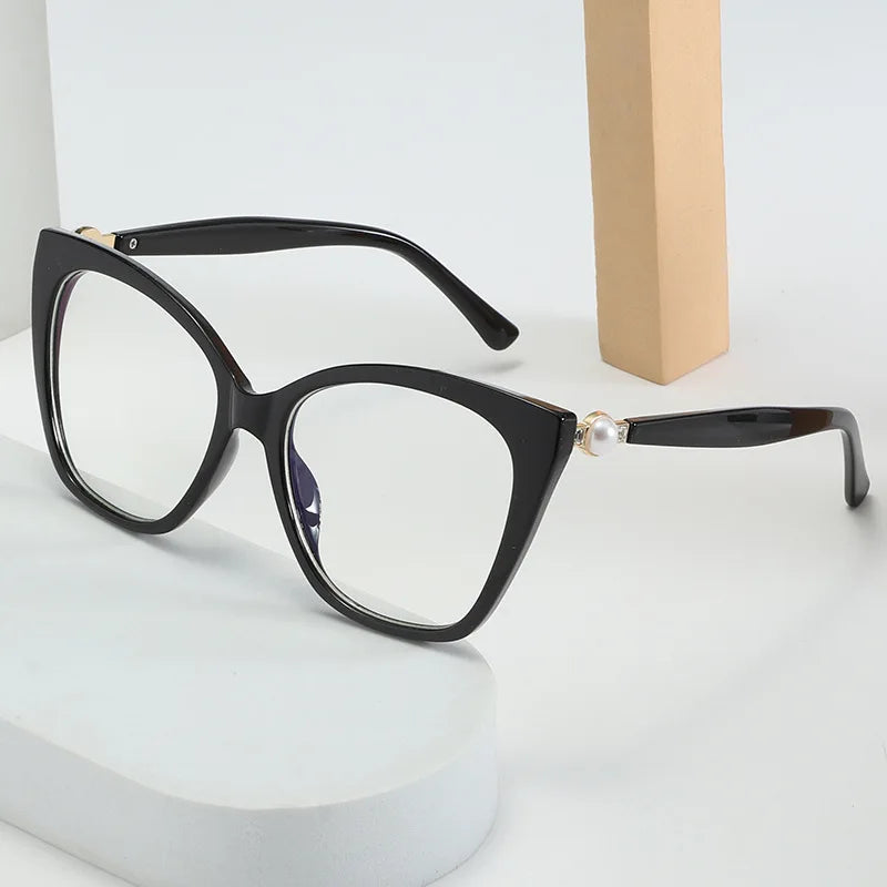 2025 Oversized Large Frame Square Slimming Pearl Legs Eyeglasses Anti Blue Light Blocking Cat Eye Optical Lens Spectacles