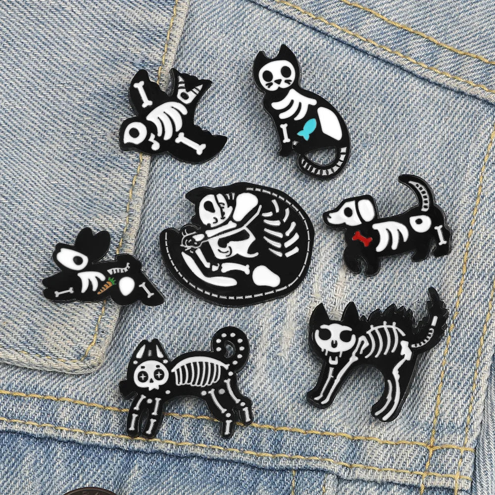 Vintage Skull X-ray Perspective Cat Brooch Menalloy Black and White Rabbit and Puppy Badge Enamel Lapel Pin