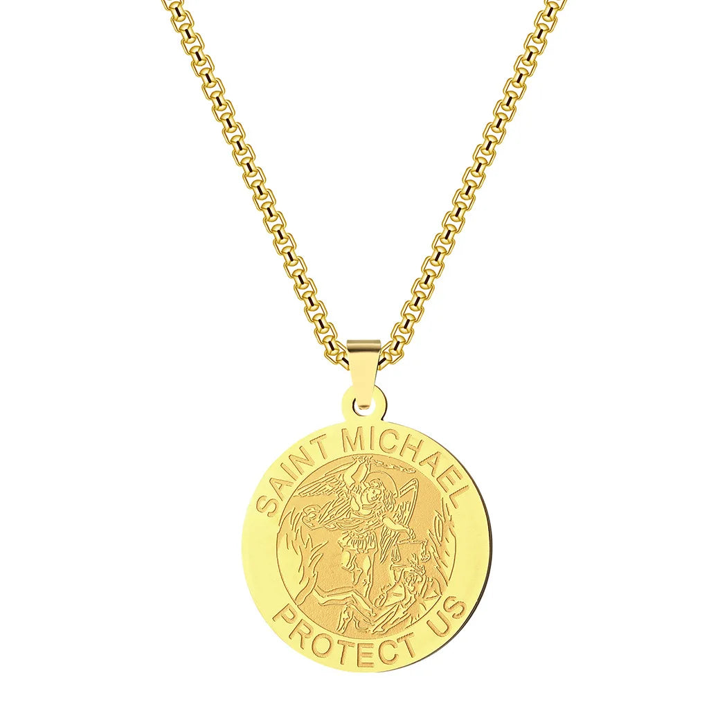 Fashion Stainless Steel 18k Gold Plated Catholic Saint Michael Charm Pendant Necklace Jewelry for Women